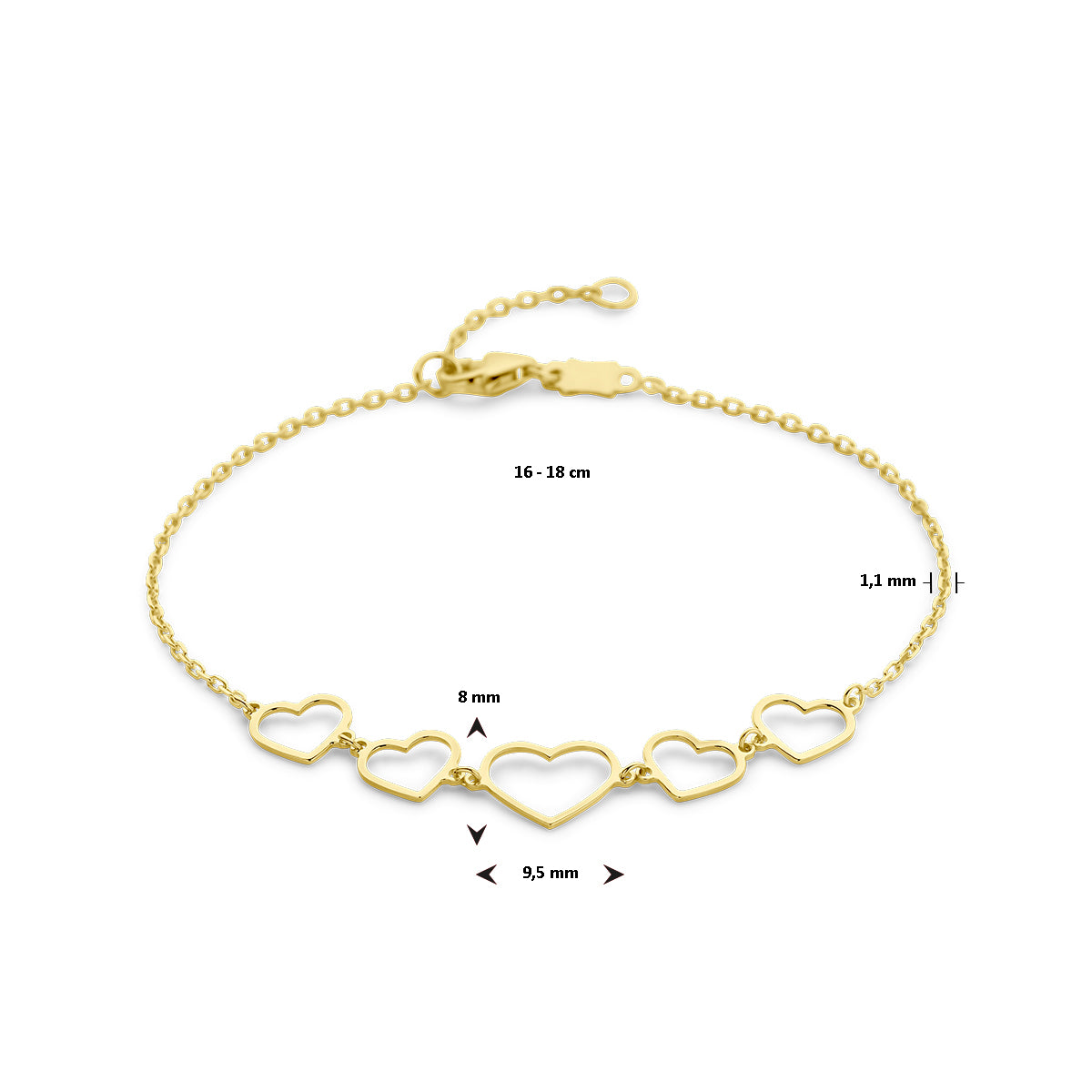 Armband met hartjes in goud – 16/18 cm