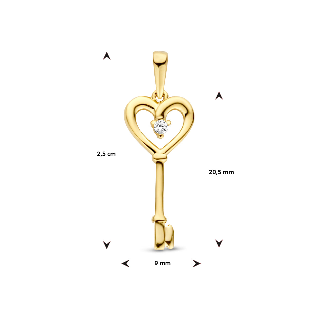 Hanger hart en sleutel met zirkonia in goud – 25 mm