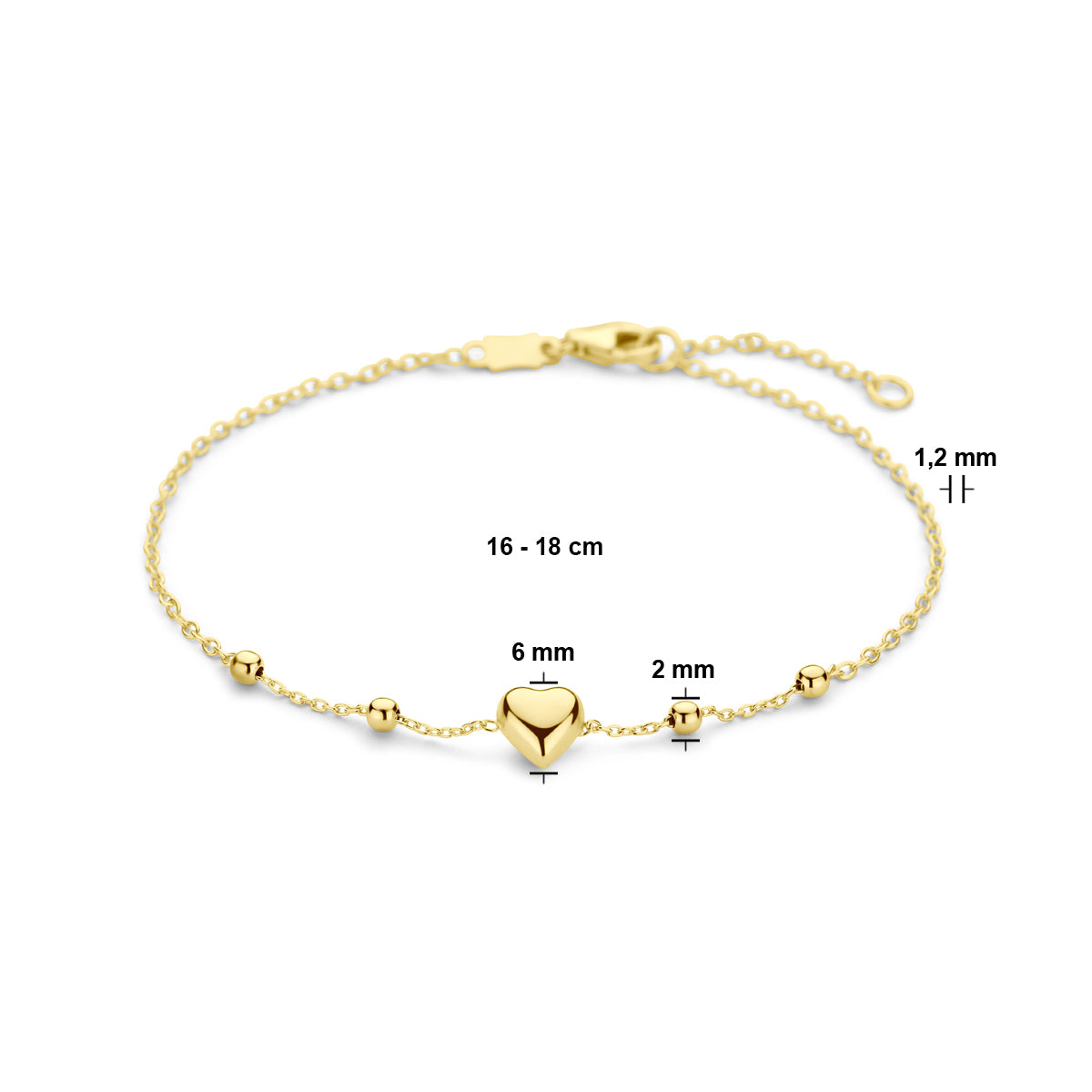Armband hart en bolletjes in goud – 16/18 cm