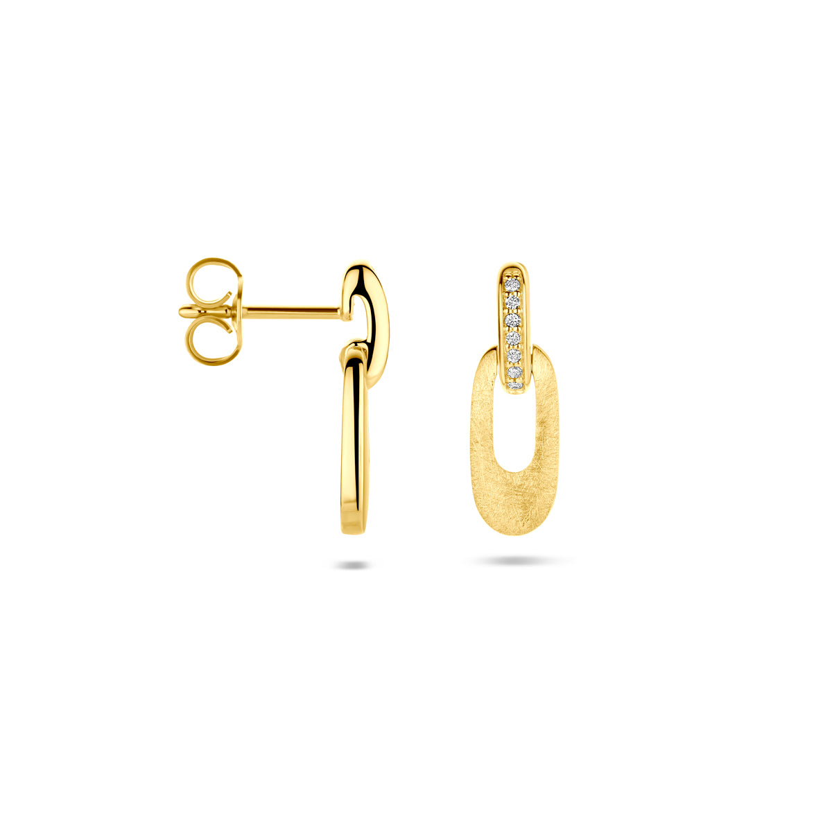 Oorhangers poli/mat met 0.04 ct diamant H SI in goud – 16 mm (2x 0.02 ct)