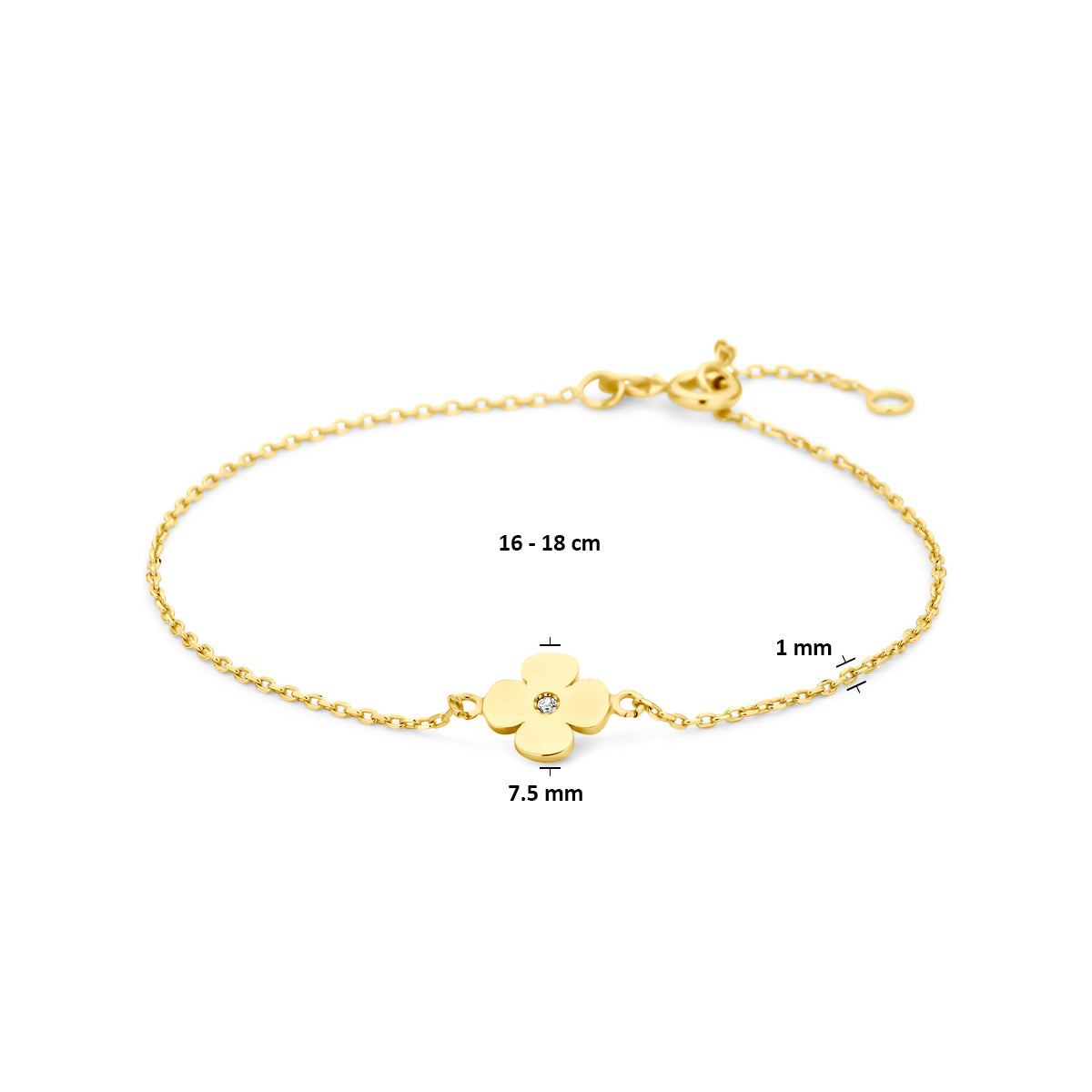 Armband bloem met zirkonia in goud – 16/18 cm